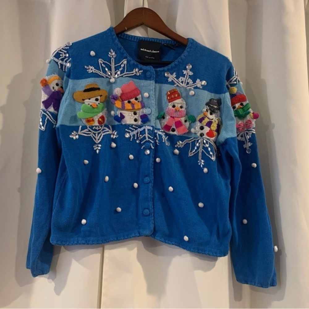 Michael Simon Sz Medium‎ Blue Snowman Cardigan